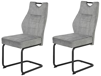 Hela Tische, 2er Set Esszimmerstuhl Schwingstuhl Linda, Mikrofaser Silber, Rundrohgestell grau, Komfortsitz Federkorb, 140kg belastbar