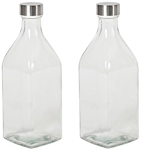 Acan Tradineur Confezione da 2 Bottiglie Quadrate in Vetro con Tappi in Acciaio, Chiusura a Vite, per Acqua, Latte, Frullati, Succhi, Salse, Frigorifero, 1 Litro