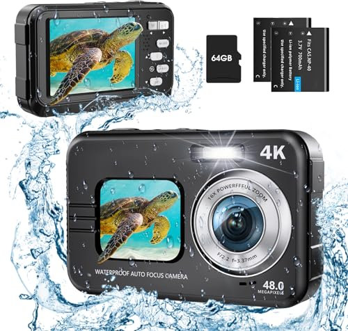 Appareil Photo Numérique HICSHON 4K étanche 48 MP Autofocus Caméra sous-Marine avec Carte mémoire 64 G Selfie Dual écrans avec Zoom 16X, Compact pour Enfants/débutants (Noir)