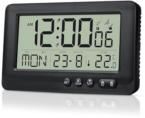Sveglia Digitale, Orologio Sveglia radiocontrollato, con visualizzazione della temperatura, visualizzazione della data, due orari di sveglia, ripetizione della sveglia, nero