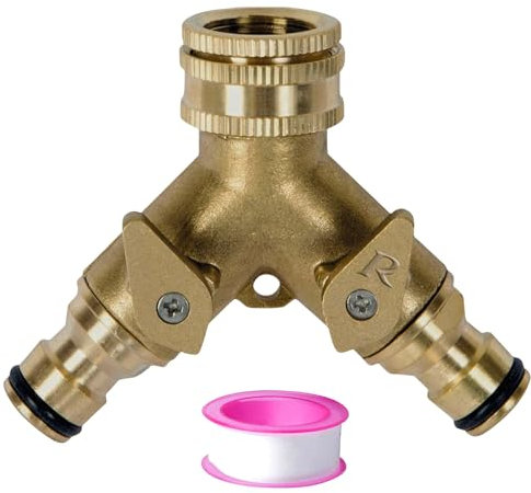 Garden Hose Splitter, Two-Way Brass Faucet, with Independent on/Off Valve, Can Connect 3/4 Inch and 1/2 Inch Faucets, Y-Shaped Splitter is Suitable for Outdoor Use in Home Kitchens and Gardens