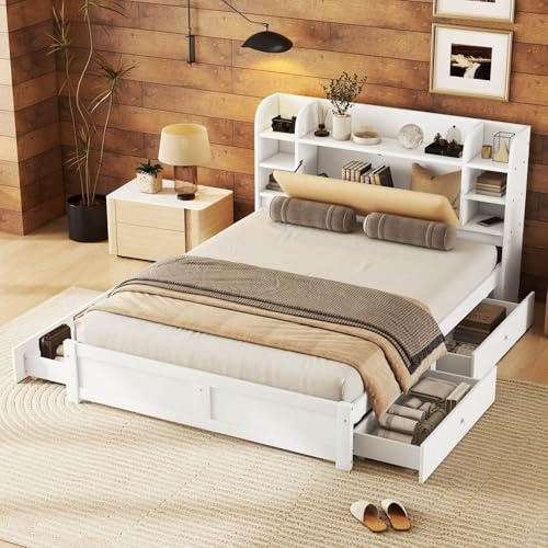 PUGSDRLY Lit Double 160x200 avec 4 Tiroirs et Sommier à Lattes,Tête de lit avec Plusieurs Compartiments de Rangement,Lit Adulte Blanc,sans Matelas (160x200)