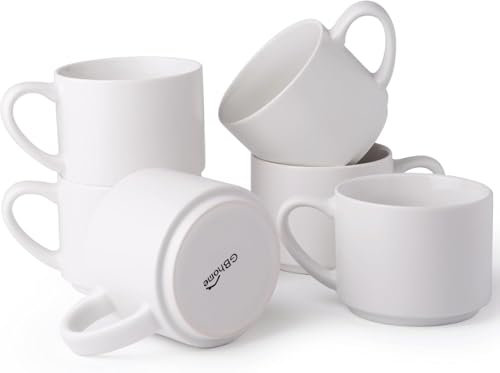 GBHOME 400ml stapelbare Keramik-Kaffeebecher 6er Set für Damen & Herren, moderne Tassen mit stabilem Boden für Latte/Tee/Cappuccino, spülmaschinenfest & mikrowellengeeignet, Matt Weiß