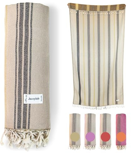 jazzylab AREN-Aurora Toalla Hammam | Pestemal Turco 100% algodón | Jacquard Artesanal | Ligera, versátil y de Secado rápido | Diseño Oriental con Flecos anudados | Aurora-Amarillo, 100x200 cm