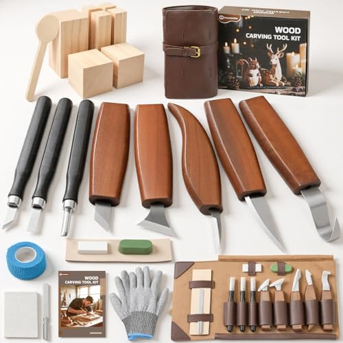 Housolution Kit de Sculpture en Bois avec étui en Cuir, 24PCS Outils de Sculpture en Bois Kit de Toit Comprenant des Couteaux de Sculpture de Sculpture de Carvure de Basse