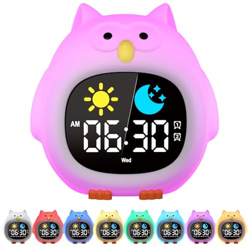 YISSVIC Réveil Enfant Educatif Jour Nuit 2 Alarme 3 Récurrence de l'Alarme 12/24 Heure Snooze Luminosité de l'Ecran Réglable Réveil Lumineux 7 Couleurs 10 Chansons Arrêt Automatiquement en Forme Hibou
