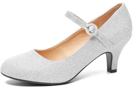 Women's Vintage Mary Jane Shoes Dress Comfortable Low Kitten Heels Ankle Strap Closed Round Toe Office Work Wedding Pumps, Silver Glitter Pu, 6 UK