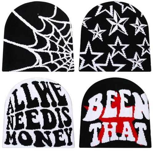 Auroriel 4er Set Vintage Y2K Beanie, Gorras de Invierno de acrílico Impresas a Doble Cara, Suave Talla única de Punto, Accesorio de Streetwear Retro para Damas y Caballer