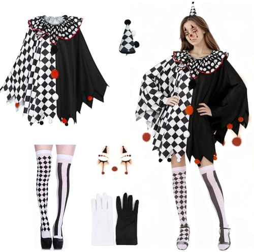 MINGJAY Disfraz de Payaso,Disfraz Mujer Arlequin,Disfrazs Arlequin Mujer,Capa de Circo,Disfrazs Payaso Mujers,Guantes de Payasos y Tatuaje,para Carnaval,Mardi Gras,Fiesta Temática