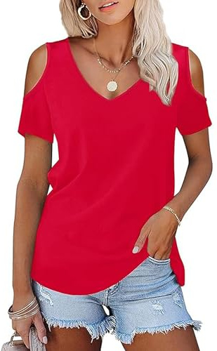 Top Femme Chic et Élégant Coton col V 2026 Vêtements Haut Rouge Épaules Dénudées Décontractés à Manches Courtes D'été Tee Shirt