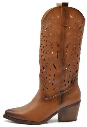 IF Stivali Texani Donna Western in Pelle Sintetica Vegana, Design Traforato, Tacco Medio e Punta Affusolata MP633-1 cuoio 38