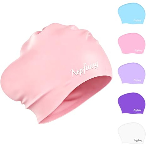 Nepfaivy Badekappe für Kinder mit Langen Haaren - rutschfeste Silikon Badehaube für Mädchen & Jungen | Perfekt für Dicke Zöpfe & Locken | Dehnbare Schwimmkappe für Kinder 6-12 Jahre, Hellrosa
