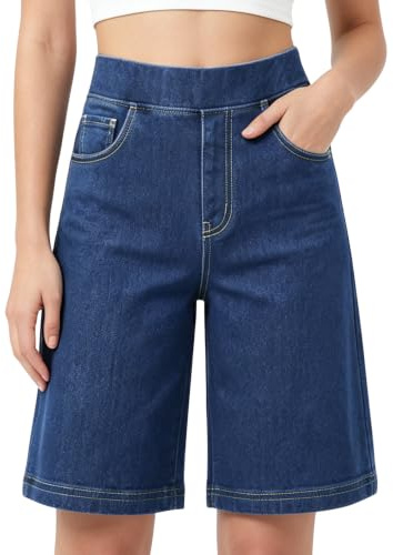 Fengbay Denim Shorts for Women UK Ladies Knee Length Bermuda Shorts Stretch | Elastic Waist Casual Long Jean Shorts Soft Fabric Baggy Washed Women's Denim Trendy Wide Leg Pants with Pockets Summer