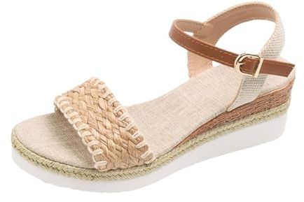 Sandalias de mujer con tacón grueso Peeptoe, sandalias elegantes con hebilla ajustable, zapatos de verano, sandalias ortopédicas para deporte, con plantilla suave, sandalias romanas anchas, beige, 37