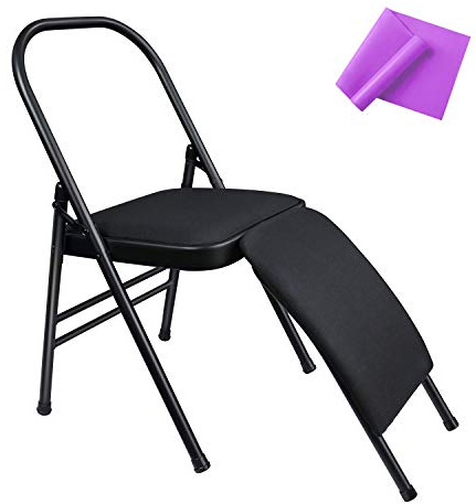 INNOLIFE Yoga Auxiliary Chair with Lumbar Back Support for Iyengar Foldable Balance Training with Purple Yoga Resistance Band (Black)
