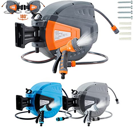 Arebos Carrete de Manguera de Jardín Automático | Enrollador de manguera | Carrete para Manguera | Manguera de Jardín 20 m | 180° Giratorio | Naranja