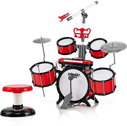 DREAMADE Ensemble de Batterie de Jazz pour Enfant, Jouets Électroniques de Musique avec Pupitre et Tabouret, Clavier à 8 Touches et Platine DJ, Tambours et Gongs de Tailles Différentes, Rouge