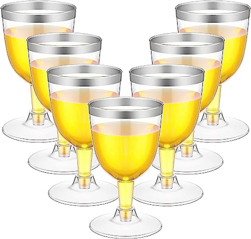 LATERN 50Pcs Silver Rimmed Wine Glasses, 170ml Plastic Wine Tasting Glasses Reusable Stemmed Party Wine Cups for Drinks Whiskey Champagne Beer Cocktail Martini (13.5 x 6.5cm)