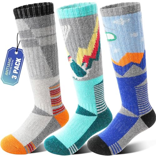 ANTSANG Kids Merino Wool Ski Socks Boys Girls Thermal Thick Warm Winter Cozy Knee High Socks for Skiing Snowboarding 3 Pairs(Grey/Orange/Blue,8-12 Years)