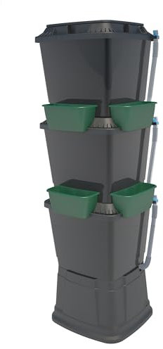 200 Litre Water Butt Set With Stand, Rainwater Diverter & Fast Flow Taps By Rainwater Terrace. Garden Rainwater Storage- Black with Dark Green Planters