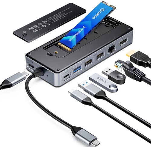ORICO 8-in-1 USB C Docking Station mit M.2 SSD Gehäuse, USB C Hub für M.2 NVMe/SATA SSD, 10Gbps, 4K@60Hz HDMI, 100W PD, Ethernet, 15cm Kabellänge-OM28PR