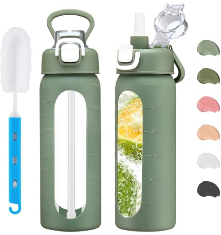 chunmo 20 oz Glass Water Bottle with Straw Reusable Water Bottle with Non-Slip Silicone Sleeve Wide Mouth Leak-Proof for Coffee, Tea and Water,BPA-free, Dishwasher Safe