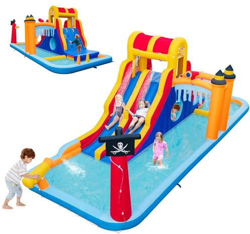 RELAX4LIFE Castello Gonfiabile, 6-in-1 con Scivoli Doppi, Parete Arrampicata, Cannoni d'Acqua, Gioco del Lancio degli Anelli, Uso Bagnato/Secco, Casa Rimbalzante per Interni ed Esterni