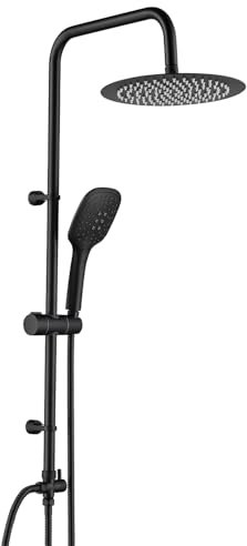 Ulytid Regendusche Schwarz, Regendusche ohne Armatur Edelstahl, Duschsystem ohne Armatur, Duschset mit 25cm Runder Kopfbrause, ABS Handbrause mit 3 Strahlarten, Schlauch, Verstellbarer Montageabstand