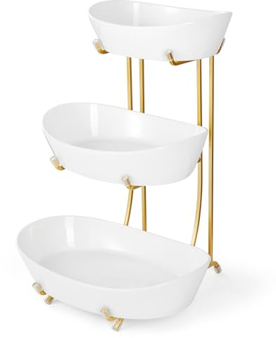 Yedio 3 Tier Fruit Bowl for Kitchen Counter, No Assembly Required Ceramic Fruit Basket with Metal Stand, Tiered Fruit Stand for Countertop for Fruit, Veggies, Snacks, Cake & Desserts