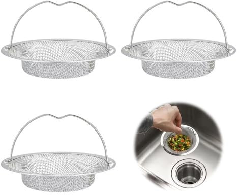 Kitchen Sink Strainer, 3 Pack Stainless Steel Sink Drain Strainer, Dia 8cm Kitchen Sink Strainer Plug Stainless Steel Large Sink Sieve with Lift-up Handle for Bathroom and Kitchen