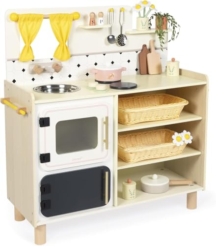 Janod - Grande Cucina per Bambini in Legno - Equipaggiata con 2 fornelli, lavello e 16 Accessori Inclusi - Pulsanti sonori rotanti - Jouet Imitation et Eveil - da 2 Anni, J06642