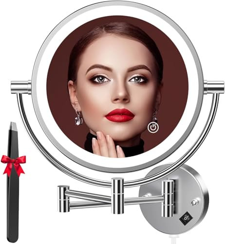 Auxmir Specchio da Parete, Ingrandimento 1X/30X, Specchio Trucco con Luci a 3 colori, Luminosità Regolabile, Specchio Bagno, Girevole a 360°, Alimentatore a Spina, Spegnimento Automatico, per Bagno