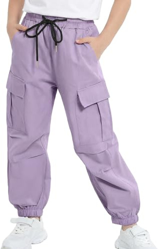 JiAmy Pantalones Cargo para Niñas Cintura Elástica Niños Pantalones de Paracaídas Holgados Casuales Y2K Múltiples Bolsillos Pantalones Deportivos de Baile de Algodón para 5-13 Años, Morado (, 9-10