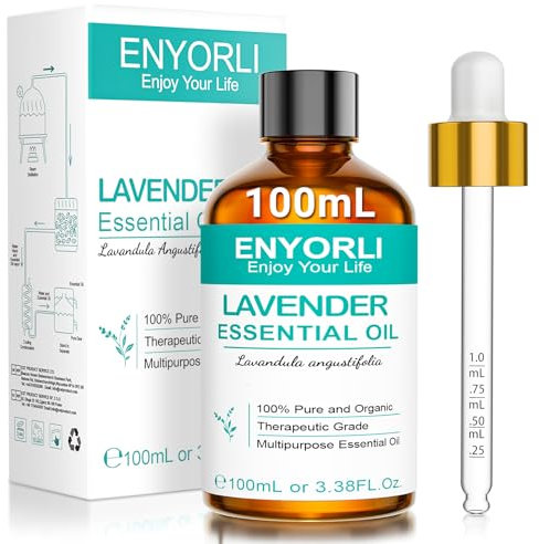 ENYORLI Olio Essenziale di Lavanda 100 mL Olio di Lavanda Non Diluito, Aromaterapia, Diffusori, Massaggi, Cura della Pelle, Rilassante, Bagni, Aiutare a Dormire e Fai Da Te