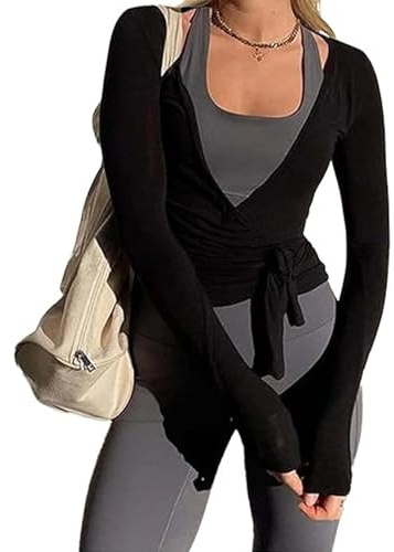 BABWWNIX Y2k Ballet Pilates Wrap Top for Women Long Sleeve Deep V Neck Tie Front Workout Yoga T Shirt Blouses Sports Tops (Black, S)