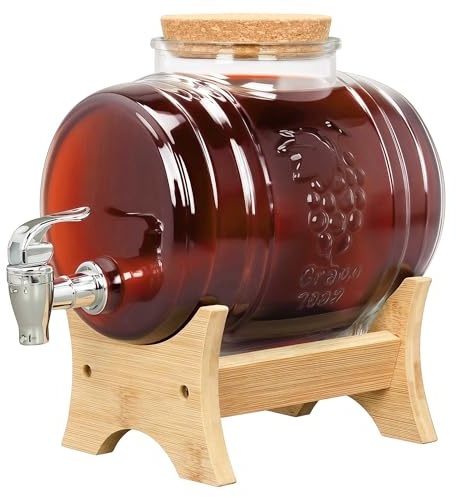 ohbien 3L Glass Barrel Dispenser with Tap, Glass Whiskey Barrel Decanter with Wooden Stand Whiskey Decanter Barrel Drink Dispenser for Bourbon Vodka Tequila Wine