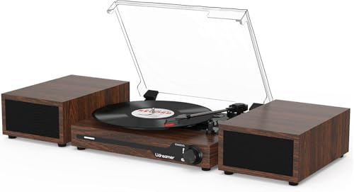 Udreamer Record Player with 2 Dual Stereo Speakers, Vintage Turntable Bluetooth 5.3 Supports 3 Speed, AUX-in, RCA Line, USB, Wireless Playback, Walnut