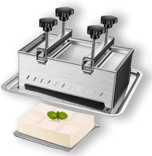 Tofupress, tofumaskin i rostfritt stål, med pressduk och droppbricka, 1 kg/2 kg formar finns tillgängliga, kraftigt och lättanvänt köksredskap med justerbart tryck.(1kg)