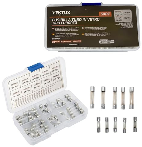Fusibili auto - 50 pezzi - kit fusibili in vetro per auto - tipo europeo in vetro 6x20 mm e 6x30 mm - per impianti 12V e 24V