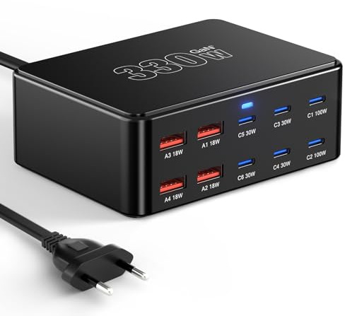 Caricatore USB C da 330 W, PD 100 W, 10 porte, GaN III, stazione di ricarica USB-C GaN Charger per MacBook Pro/Air, laptop, iPhone 17/16 Pro/iPad, Samsung, Pixel, Galaxy, Steam Deck