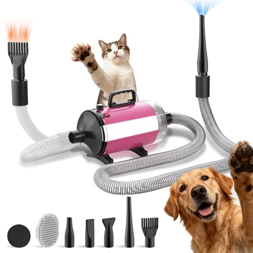 DEWINNER Asciugacapelli per cane Blower 3800 W, Pulsore per cani con aspirapolvere, velocità e temperatura regolabili, 5 ugelli, tubo elastico e spazzola di manutenzione