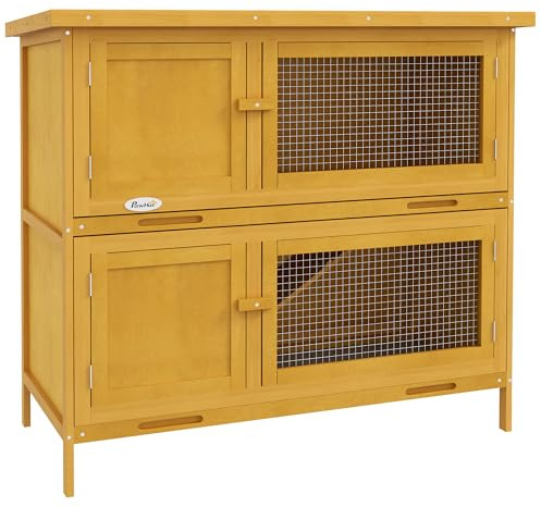 PawHut Conejera de exterior de 2 niveles con rampa antideslizante, 4 puertas con cerradura y 2 bandejas extraíbles, conejera de abeto con techo de betún, 97 x 44 x 91 cm, amarillo