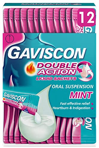 Gaviscon Double Action Mint Liquid Sachets, 12 Pack - Fast-Acting Heartburn, Indigestion, Acid, Stomach Pain Relief, Long-Lasting Antacid for Digestion and Nausea