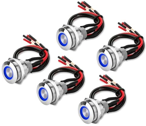 Linkstyle 5 Pezzi 19mm Interruttore a Pulsante 12V, Pulsante Metallico ON/OFF Impermeabile con Luce LED Blu, 4 Pin con Cavo per Auto (Argento)