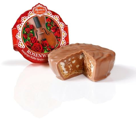 Reber Rosenwalzer Törtchen Schokolade Pastete, Feinster Nougat mit frisch gerösteten Haselnüssen in knuspringem Waffel-Törtchen, Umhüllt mit zarter Alpemilch-Schokolade, 30g (1 Stück)