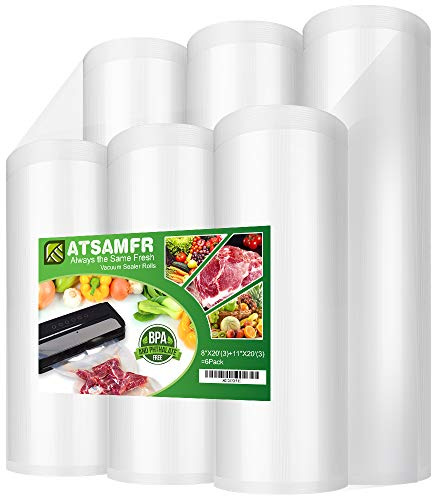 ATSAMFR 6 Pack 8x20'(3Rolls) and 11x20' (3Rolls) Vacuum Sealer Bags Rolls with BPA Free,Heavy Duty,Great for Vac Storage or Sous Vide Cooking
