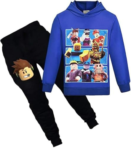 Roblox Felpa con Cappuccio Ragazzi Hoodies Bambini Outfit da Gioco Personaggi Cartoni Animati Pullover Cotone Ragazze Pantaloni Set di Abbigliamento, Blu, 4-5 Jahre