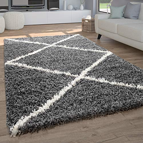 Paco Home Tapis Shaggy Tapis De Salon Poil Long Poils Longs Motif Diamant Scandinave, Dimension:120x170 cm, Couleur:Anthracite