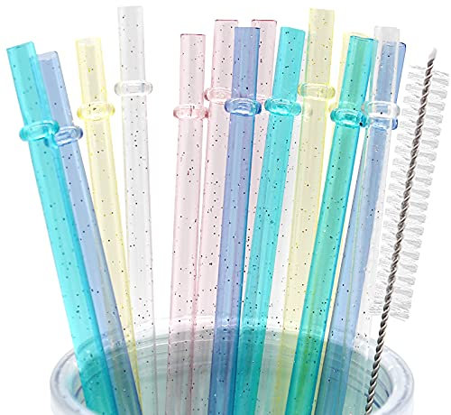 Cinvo 25 Stück wiederverwendbare Strohhalme 22,9 cm mit Reinigungsbürste, Glitzer, funkelnd, lange Trinkhalme, unzerbrechliche Trinkhalme aus hartem Kunststoff, sichere Strohhalme für Starbucks
