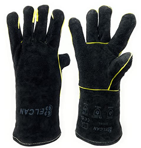 ELCAN Professional gants de soudage en cuir noir ignifuge résistant à la chaleur, vêtements de travail pour le soudage à l'électrode, TIG, MIG, MAG, barbecues, cheminées, fours...